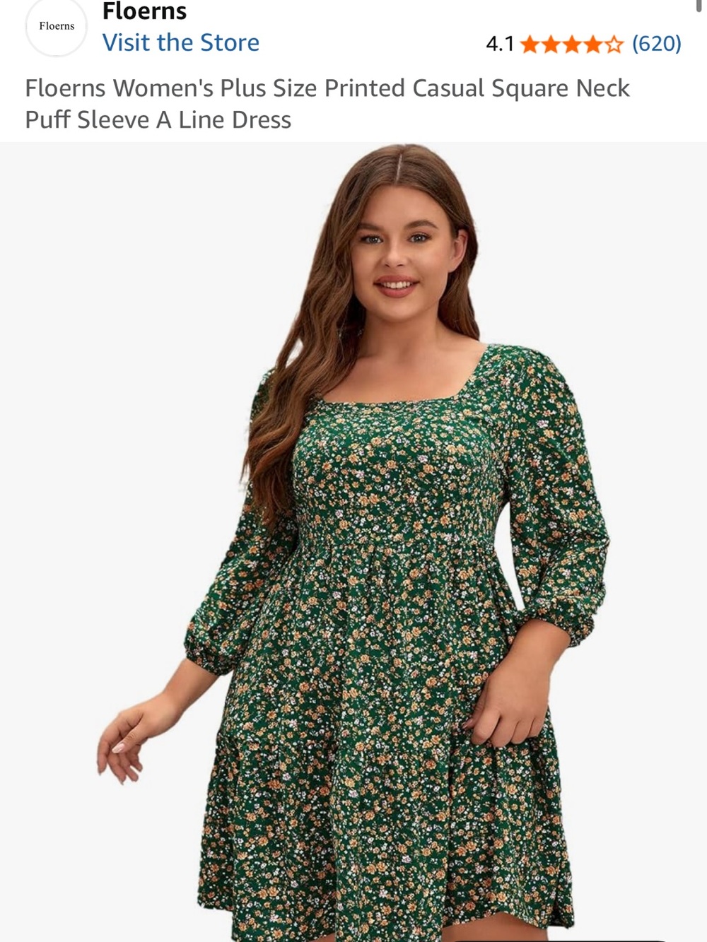 Floerns Plus Size Green Floral Square-Neck A-Line Dress